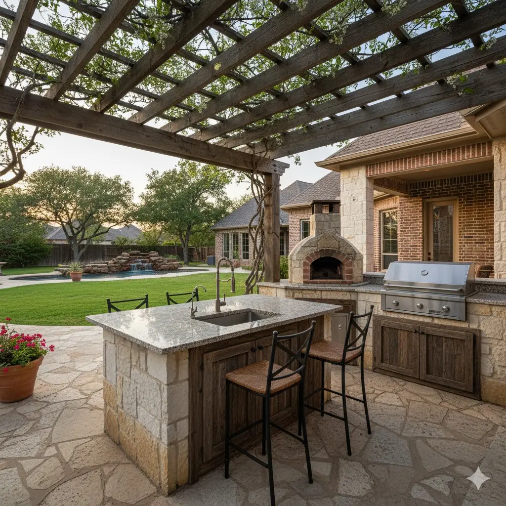 Outdoor kitchen with grill and overhang
